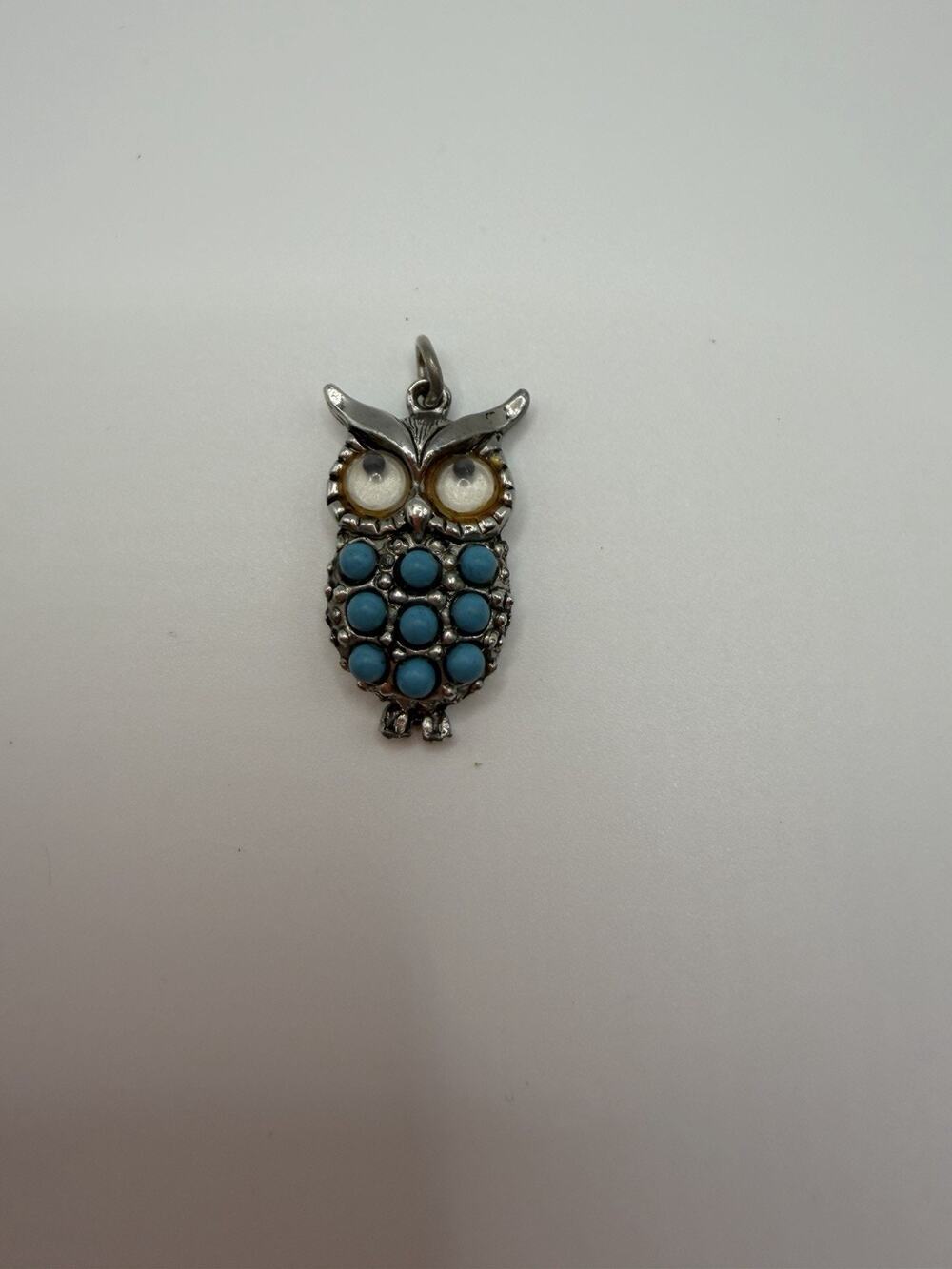 Small Silver Tone Owl Pendant With Faux Turquoise & Googly Eyes 1”L